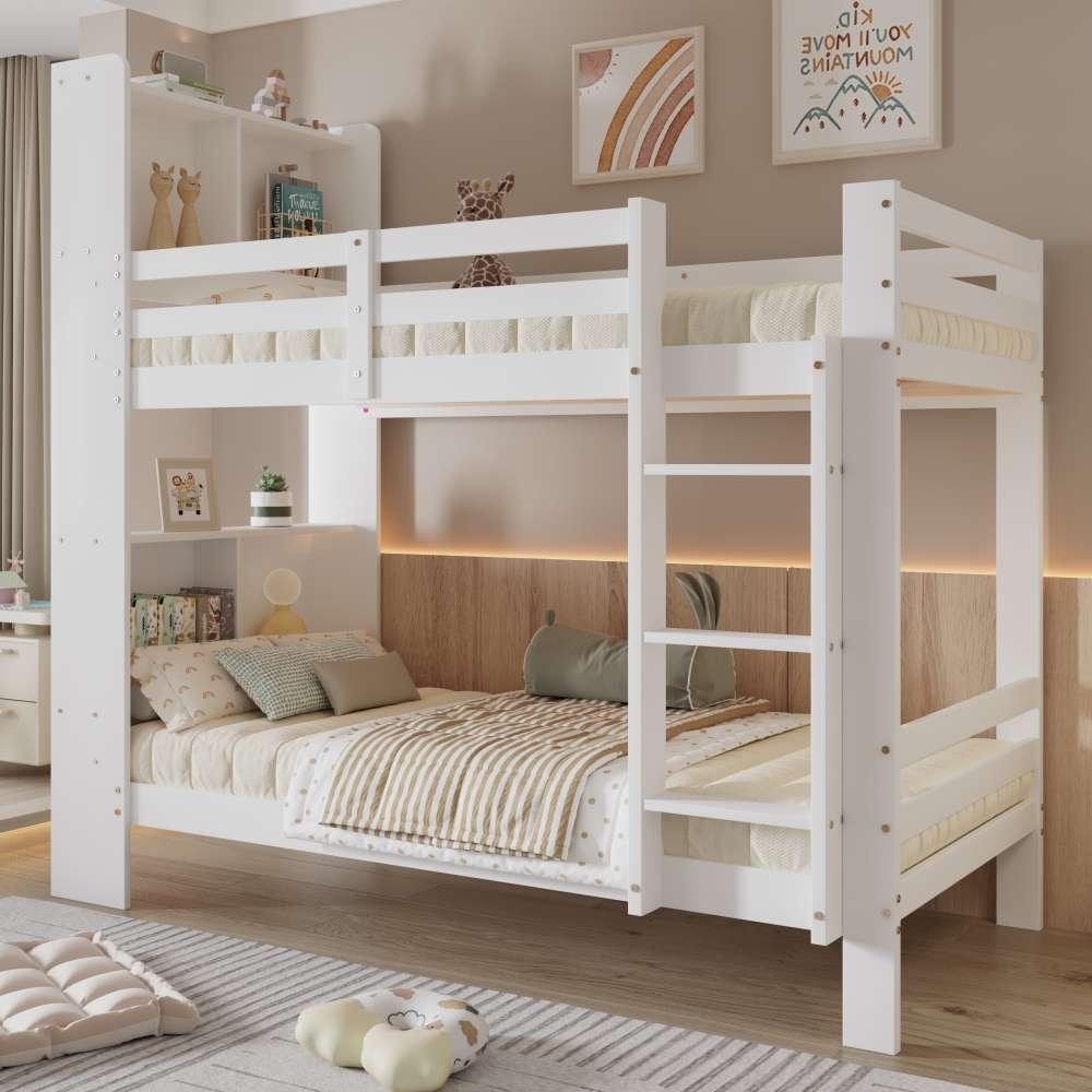 Kinder-Etagenbett, 90 x 200 cm, Weiß, mit Regalen, Leiter und Lattenrost