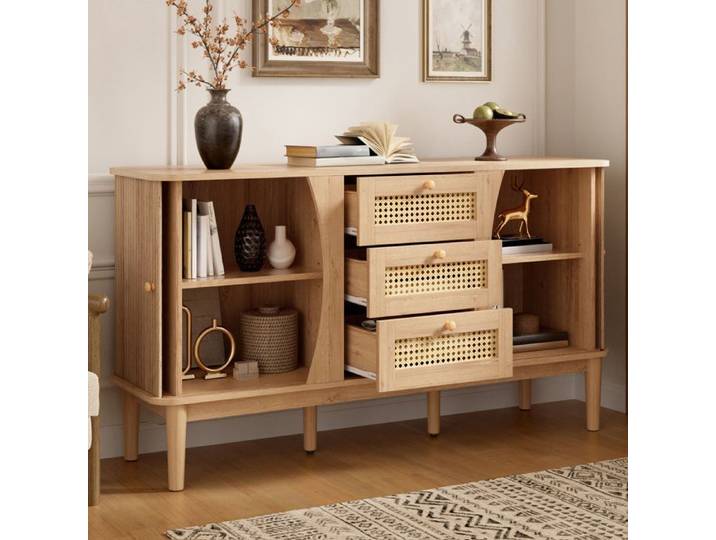ROVRYN Buffet bas 141 cm MDF décor bois naturel 3 tiroirs cannage et étagères réglables
