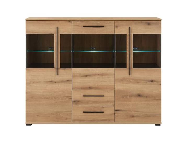 Lomadox Wohnzimmer-Highboard 160 cm breit Vitrinenschrank Wohnzimmerschrank in Eiche mit LED Beleuchtung