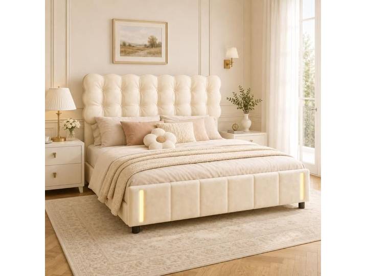 Lit Coffre 140x200 avec Sommier Lit Double en Velours Beige avec Tête de Lit Capitonnée Éclairage à Détection de Mouvement