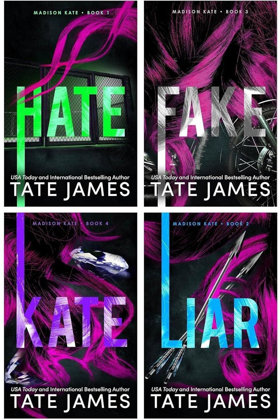 Sourcebooks ltd Madison Kate Series 4 Books Collection Set by Tate James   Reverse Harem Dark Romance Thriller - Hate, Liar, Fake & Kate