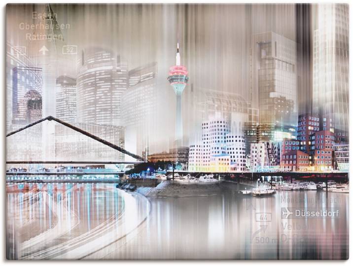 Leinwandbild ARTLAND Düsseldorf Skyline Collage IV , grau (farbe bild(er): grau), B:40cm H:30cm, Bilder, Leinwandbild, auf Holzrahmen gespannt