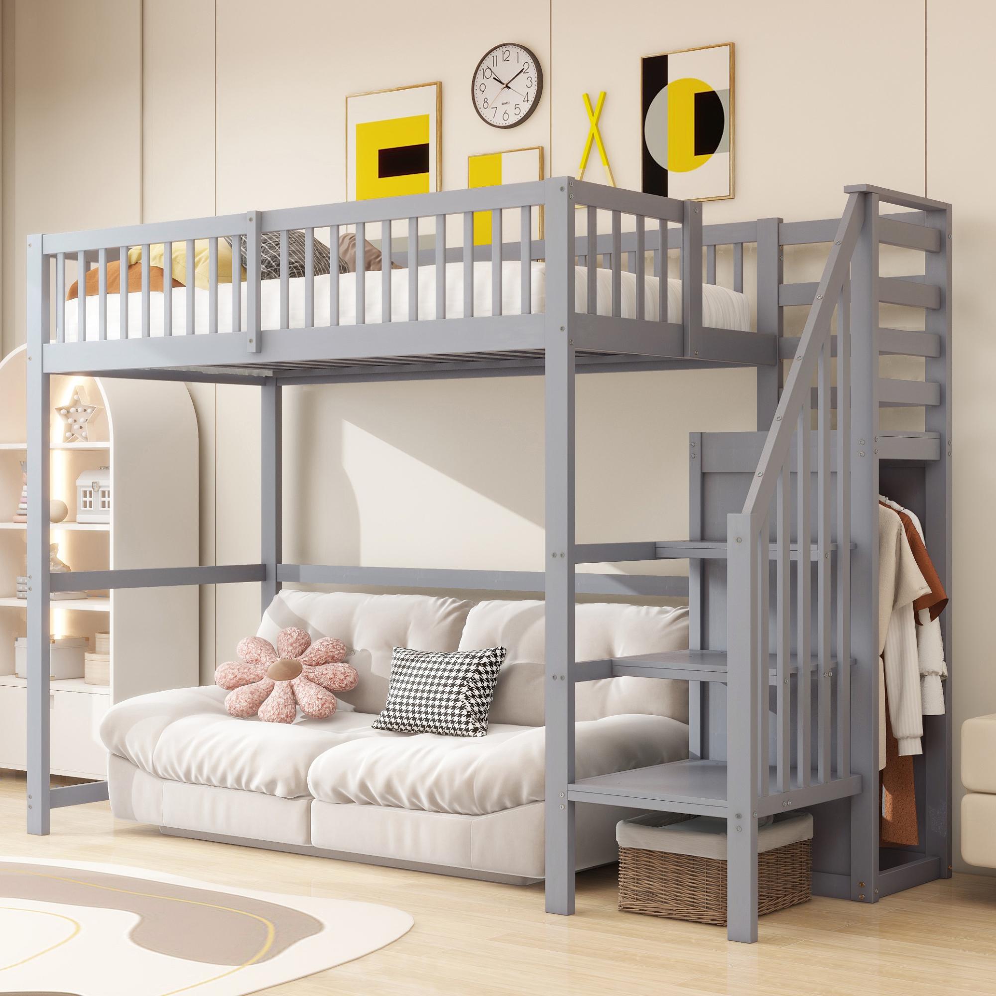 Merax Hochbett 90x200 mit Treppe und Aufbewahrungsregal, Kinderbett aus Holz mit Kleiderschrank, platzsparend, stabiles Massivholzgestell, Grau