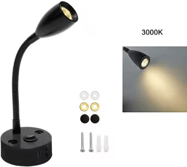 Inspire Curations 12V 24V Flexible Gooseneck RV Reading Light With USB C black 3000k