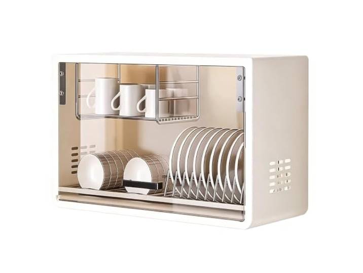 LXRHLIKG Küchen Hängeschrank, Abtropfschale, Klapptür, Wandschrank Küche Küchenschrank Hängend, Karbonstahl, Tür aus Gehärtetem Glas, mit Integriertem Geschirr- und Tassenhalter(White)