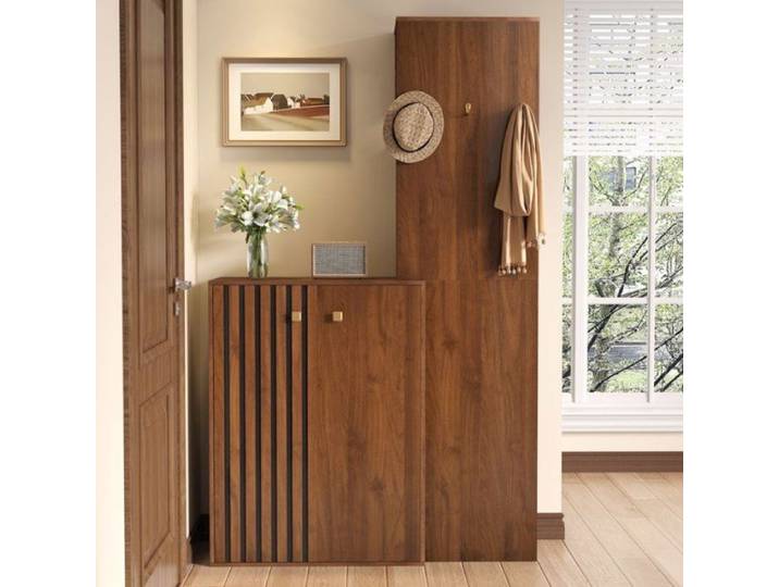 Meuble d'entrée marron armoire vestiaire + armoire à chaussures tringle et patère 115x38x191cm VESTIAIRE