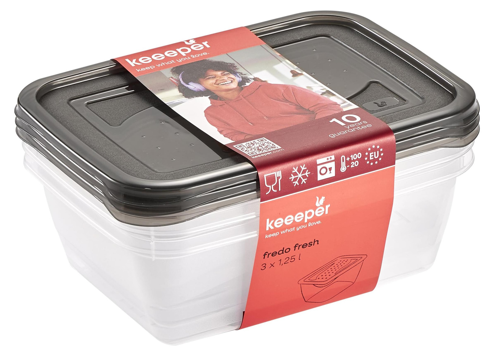 Keeeper Fredo Fresh vershoudbox, 3 stuks, 1,25 liter, rechthoekig