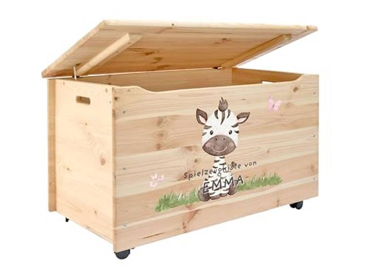 Pinus Spielzeugkiste personalisierbar 90x48x51 cm mit Deckel Rollen Kiefernholz, Wunschname personalisiert, große Aufbewahrung, für Spielzeug Decken Erinnerungen, Kinderzimmer Geschenk Geburt
