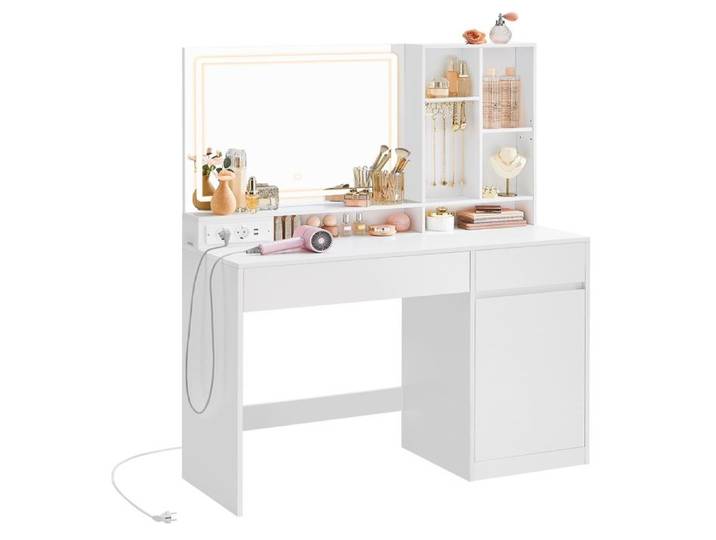 Coiffeuse avec Miroir et Lumière Largeur de 110 cm avec Tiroir et Étagères Réglables Prise de Courant Blanc Nuage
