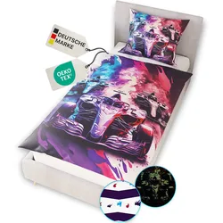 NYVI Renforce Kinderbettwäsche Glow in the Dark aus 100% Baumwolle - Vorderseite leuchtend, mit Wendemuster, Reißverschluss, OEKO-TEX 100 Größe:135x200 cm;Farbe:Rennautos