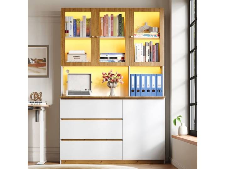 Armoire Haute Vitrine LED 120x200 cm – Meuble Rangement Blanc & Chêne – Plan Travail Bibliothèque Cuisine Salon