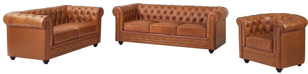 Chesterfield Chesterfield meubelset van camelkleurig vaarsleer met driezitsbank, tweezitsbank en fauteuil