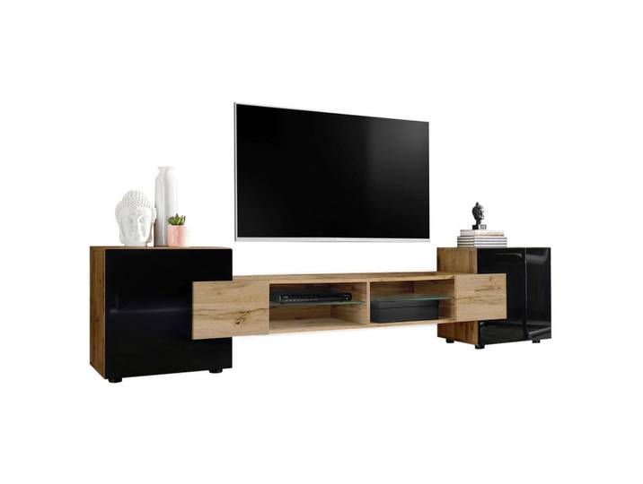 Komodee Lowboard Merano Eiche Wotan, Eiche Wotan, Eiche Wotan, Schwarz, 4 Fächer, Rechteckig, 230x52.5x35 cm, Wohnzimmer, TV Möbel, Lowboards, Lowboards stehend