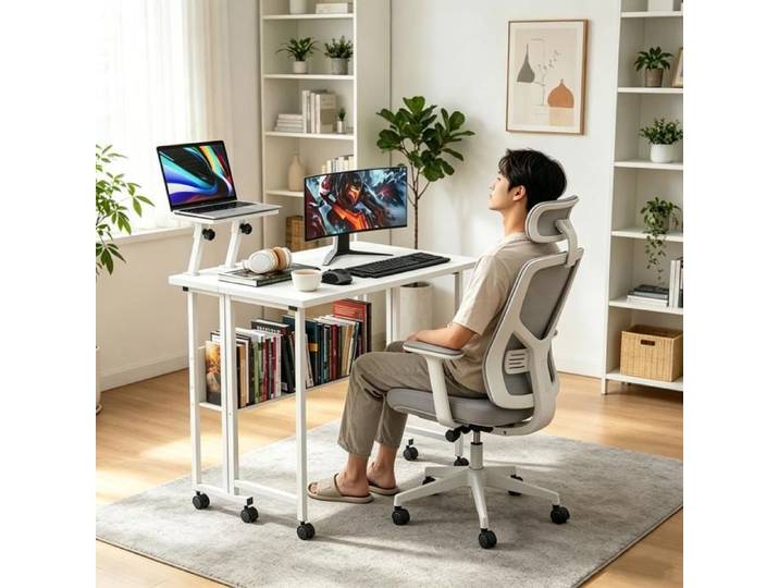 Bureau à Roues Pliable Ergonomique - Rcynview - Avec Support Écran+Étagères de Rangement - pour Salon Bureau Chambre - Blanc