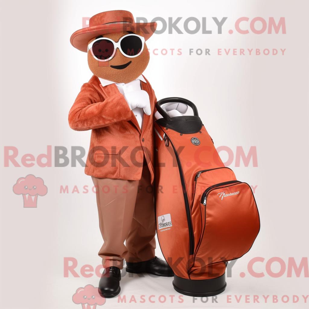 Maskottchen-Charakter REDBROKOLY einer rostfarbenen Golftasche mit Anzug und Clutch