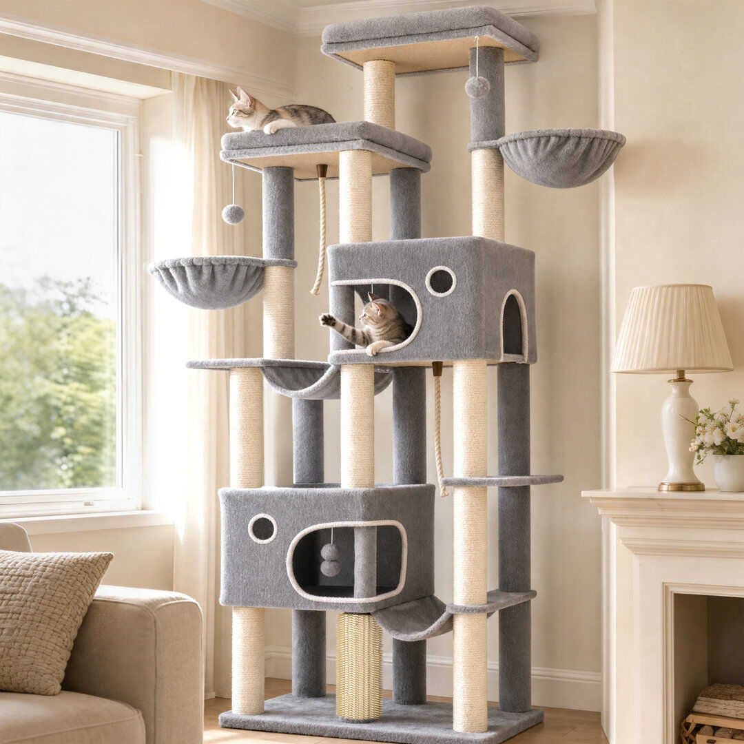 Rebrilliant Large Cat Tree, 213 cm Tall Cat Tower for Indoor Cats Large Cats Maine Coon, Extra Large Baseboard, 2 Platforms, 2 Spacious Caves, 10 Sisal Scratching Light Grey 213cm H X 78cm W X 50cm D