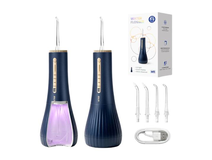 BAIR CARE M11 Hydropulseur dentaire avec assainissement UV (99,9 % d’élimination des bactéries), Très grand réservoir 360 ml, Rangement des buses, Rechargeable USB-C, Autonomie 30 jours, 4 modes de nettoyage, Étanche IPX8 pour appareils orthodontiques et