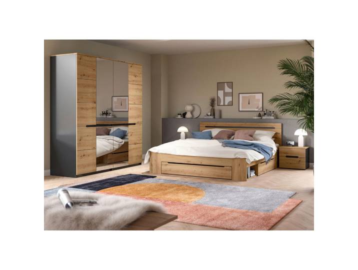 Livetastic Schlafzimmer, Grau, Eiche Artisan, 4-teilig, griffloses Öffnen,mit Schubkästen, für Lattenrost geeignet, Schlafzimmer, Schlafzimmer Komplett