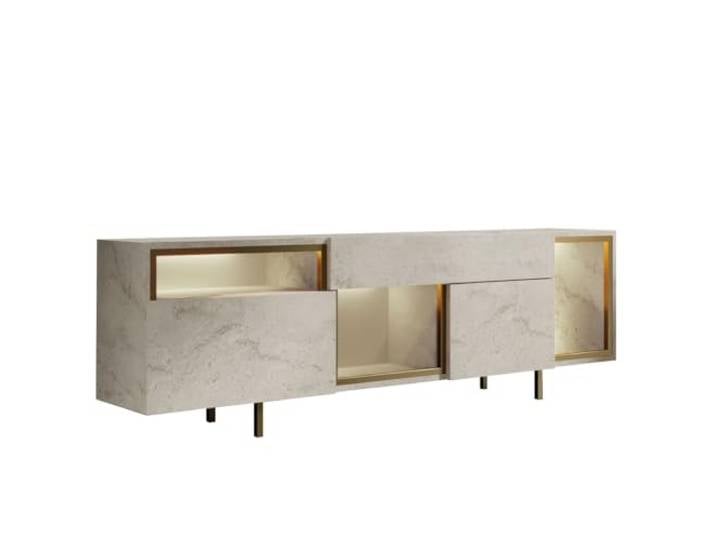 Hanah Home Modern TV Stand with Lighting System, Cream & Gold, 180 cm 100% Melamine Coated, Metal Legs, Remote Control, Wall-Mountable, Elegant Design