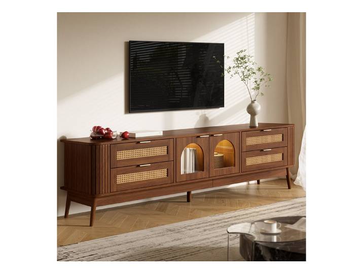 STILVORA Lowboard TV-Schrank mit LED-Beleuchtung Fernsehschrank mit vier Schubladen (TV-Möbel mit Bogenglas-Türen, LED-Beleuchtung, 2 Glastüren, Spanplatte, Massivholzfüße), für Wohnzimmer, Heimkino und moderne Wohnbereiche