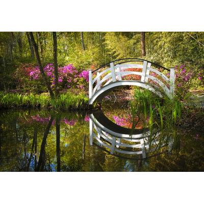 Fototapete PAPERMOON "GARTEN-NATUR LANDSCHAFT WALD BÄUME BLUMEN BRÜCKE SEE", bunt, B:4,5m L:2,8m, Vlies, Tapeten
