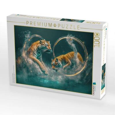 CALVENDO Puzzle Tiger springen durch Ringe. | 1000 Teile Lege-Größe 64x48cm Foto-Puzzle für glückliche Stunden