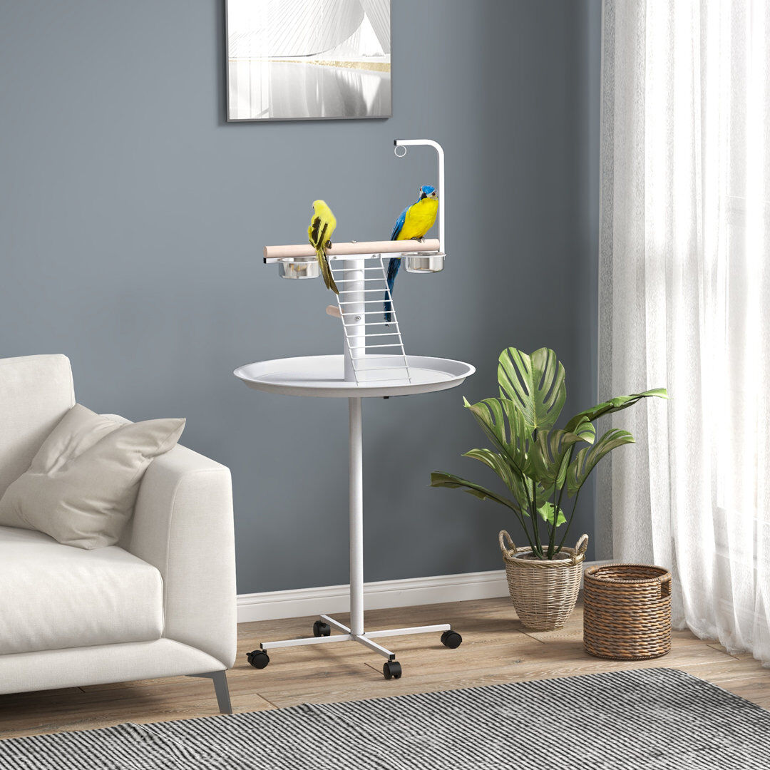 PawHut Bird Table with Four Wheels Perches Stainless Steel Bowls Round Tray White 138cm H X 60cm W X 60cm D