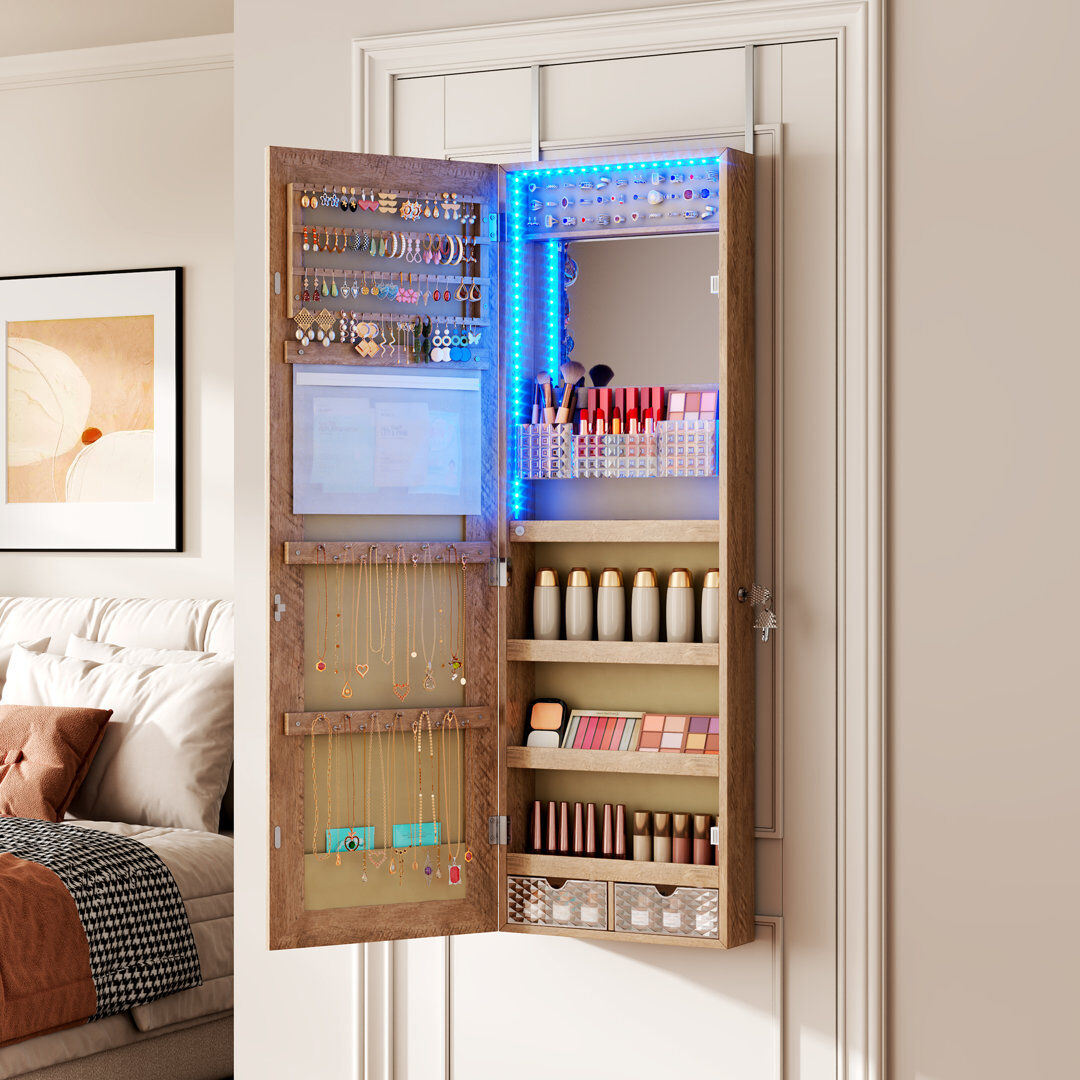 Brayden Studio Jewelry Cabinets with Mirror and LED Lights, Door Hanging/Wall Mounted Jewelry Armoire Oak 108cm H X 34cm W X 18cm D
