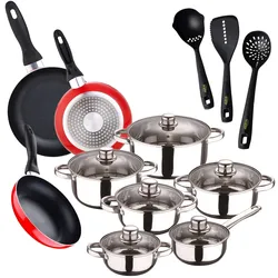 San Ignacio - Cassel 12-teiliges Kochgeschirr-Set aus Edelstahl mit 3 Navy Red Pfannen Ø16/20/24 cm und 3-teiligem Küchenutensilien-Set