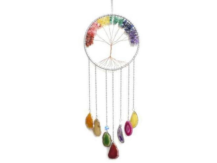 Windspiel Lebensbaum 7 Chakra Achat Scheiben Metallrahmen, Mehrfarbig, 14x16x60 cm, Dekoration, Gartendeko