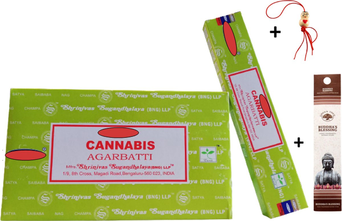 2 pakjes cannabis geur wierookstokjes van 15 gram met 5 extra mini wierookstokjes en gelukspoppetje