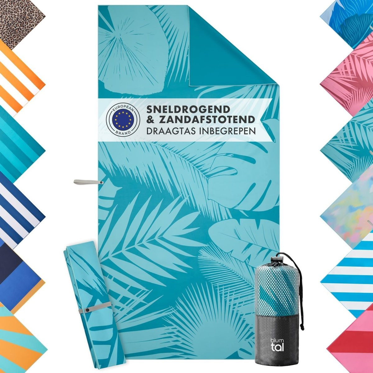 Thijox Strandlaken Microvezel met Blauwe Palmbladeren, 90 x 180 cm