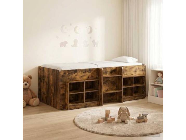 RJPLMFV Loft-Bettrahmen mit Einbauschrank, 3-teilig, Eiche rauchfarben Robustes Ingenieurholz, funktionale Leiter, platzsparend, platzsparend, minimalistisches modernes Design