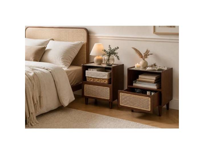 Table de chevet - PAGE LIVING - PAGE Living - Lot de 2 - Bambou et rotin - 1 tiroir plateau verre