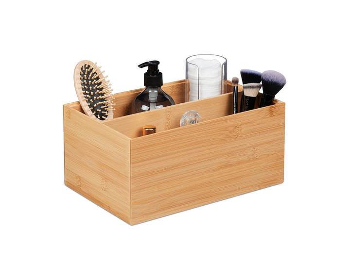 Relaxdays Aufbewahrungsbox Natur Bambus 2 Fächer 14 cm, Hellbraun, Holz, 30x14x20 cm, Ordnen & Aufbewahren, Deko- & Aufbewahrungsboxen