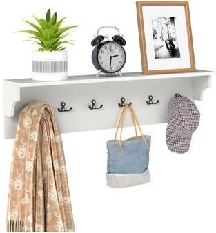 Costway Wall Hooks with Shelf 31.5inch Wooden Coat Rack with 6 Hooks for Hats Towels Purses Robes-White