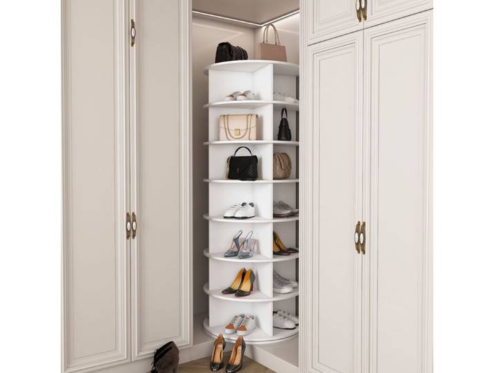 Etagère à chaussure - 7 étages pivotante - Base relevée - MDF - 60×60×161