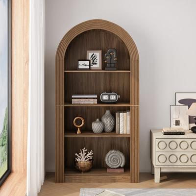 "Mid Century Modern 78.74"" Tall Arched Bookcase, 4-Tier Storage Shelf for Stylish Home Organization"