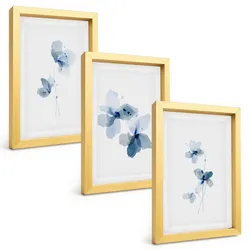 BILDER SET 3er Set - 20x30 cm Goldrahmen - Blaue Blumen