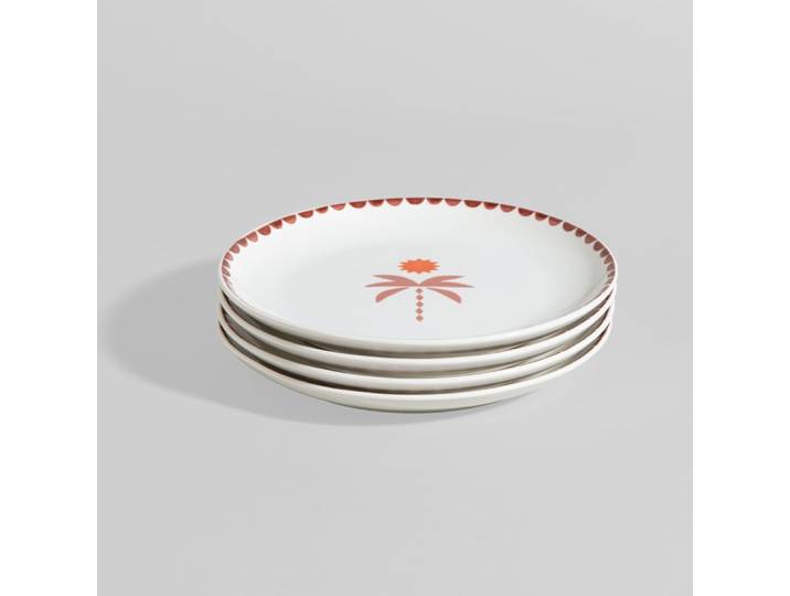 Set aus 4 weißen Keramik-Desserttellern mit Palmenmotiv
