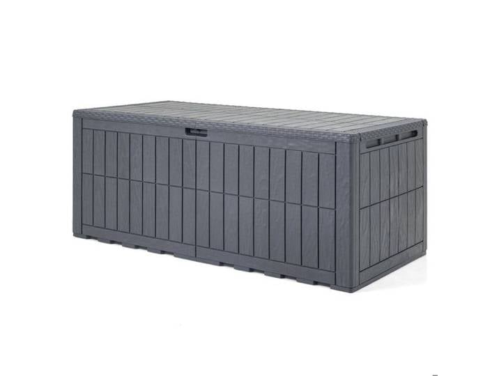 Coffre de rangement extérieur gris en PP étanche avec couvercle verrouillable vérin et poignées pour jardin et terrasse