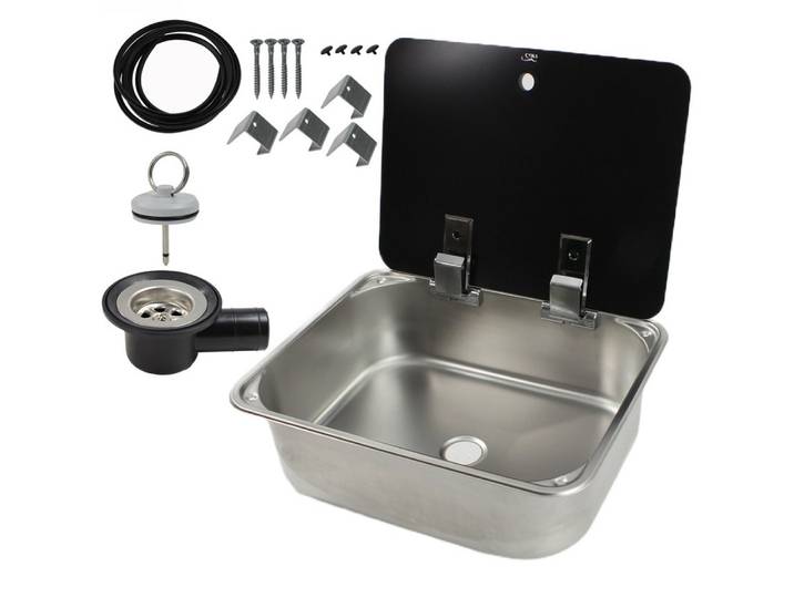 Canù Waschbecken Waschbecken Spüle + Abfluss + Dichtung + Befestigungsset + Glasdeckel