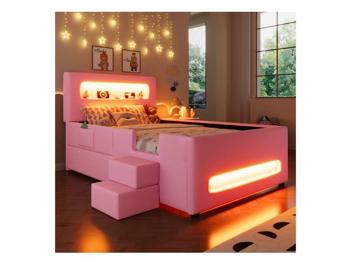Merax Polsterbett 90x200cm Plattformbett mit LED-Lichtleisten (Jugendbett Einzelbett, 1-tlg), Kinderbett mit Treppe, Schublade, Stauraum & Taschen, Kunstleder