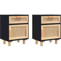 vidaXL Nachttische 2 Stk. Schwarz Massivholz Kiefer und Natur-Rattan