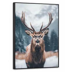 LEINWAND Bilder mit Rahmen - Hirsche - Tiere - Landschaft - Winter - Schnee - 50x70