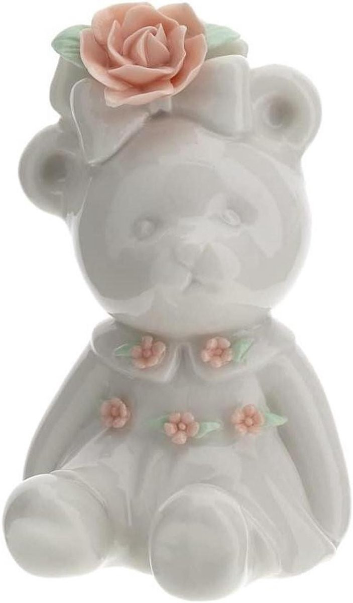 Porseleinen Teddybeer Decoratie met Rozen - Wit Roze - Hoogte: 9 cm