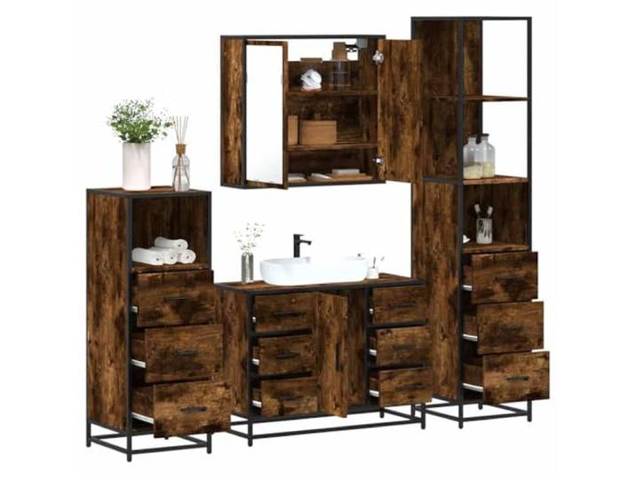 ZQQLVOO 4-TLG. Badmöbel-Set Räuchereiche Holzwerkstoff Metallgestell, Lowboard, Waschbeckenunterschrank, Spiegelschrank, Wandmontage, Räuchereiche, Holzwerkstoff