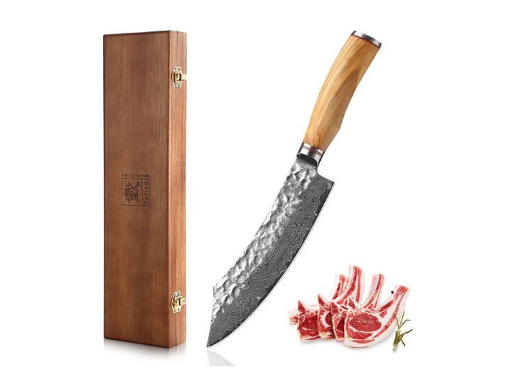 ZAYIKO Fleischmesser Minami Damast Blockmesser Küchenmesser 20 cm Klinge Olivenholzgriff, Damaststahl, VG10-Kern, Hammerschlag