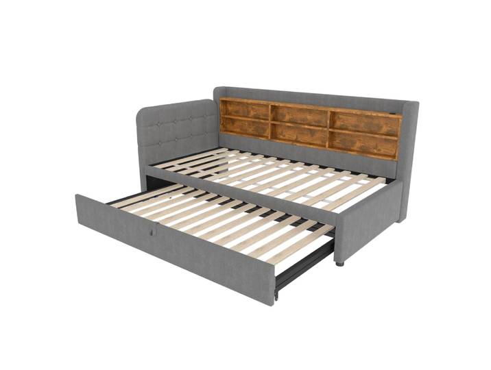 Lit de jour en polyester effet lin gris avec lit gigogne