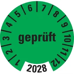 Dreifke® Prüfplakette geprüft 2028, grün, Dokumentenfolie, selbstklebend, Ø 30mm, 18 Stk.
